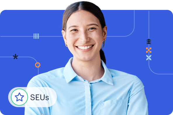 A young businessperson against a dark blue background and an icon in the foreground that says "SEUs"